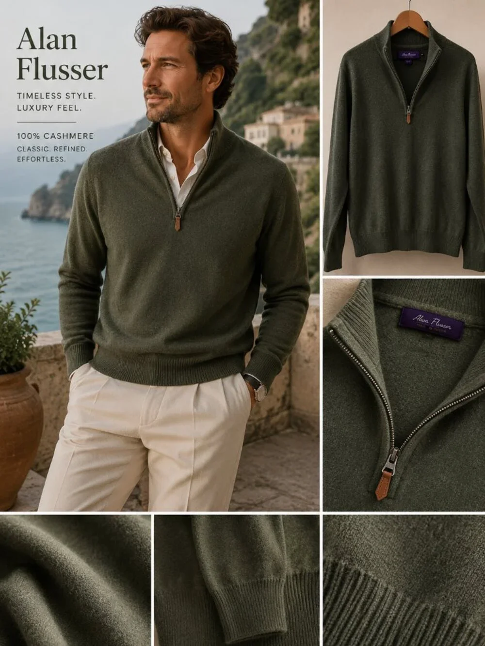 Alan Flusser Cashmere 1/4 Zip Sweater Green Mens XL Luxury Knit Pullover